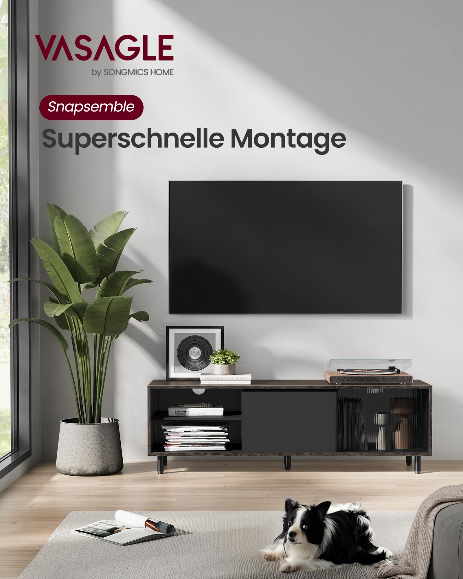VASAGLE TV-Schrank Lowboard, Snapsemble – superschnelle Montage, Fernsehtisch für Fernseher bis 32/45/50/55/60 Zoll, Modernes Design, Wohnzimmer, Riffelglas, 140 x 39 x 45 cm, Schwarz LTV466K02