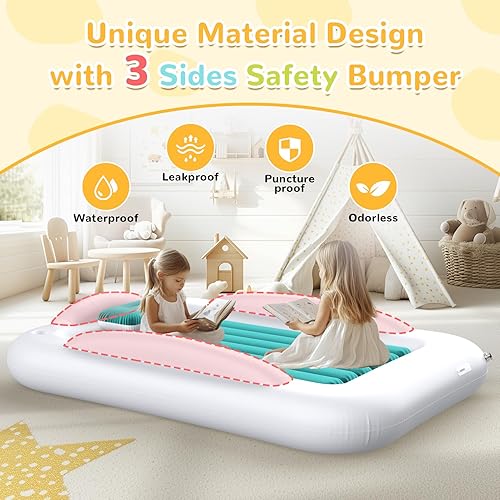 Miniatura 39 de Cama inflable de viaje para niños, colchón de aire portátil y cómodo con parachoques de seguridad de 3 lados, cama inflable para acampar y viajar