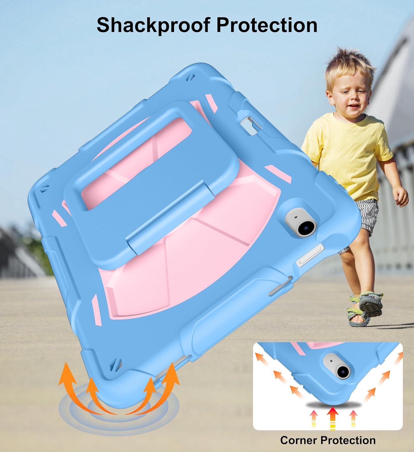 DTTO for iPad A16 Case, iPad 11th / 10th Generation Case (2025/2022), 360 Degree Rotating Stand Full-Body Drop Protection Case with Pencil Holder and Shoulder Strap for Kids, Blue Pink