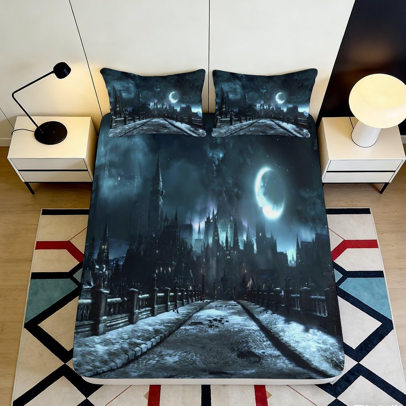 3D Printed Night Castle Fitted Sheet Microfiber Deep Pocket Elastic Hem Bedroom Bedding Night Castle Mattress Fitted Cover Washable Non-Slip Mattress Protector 140x200x25cm