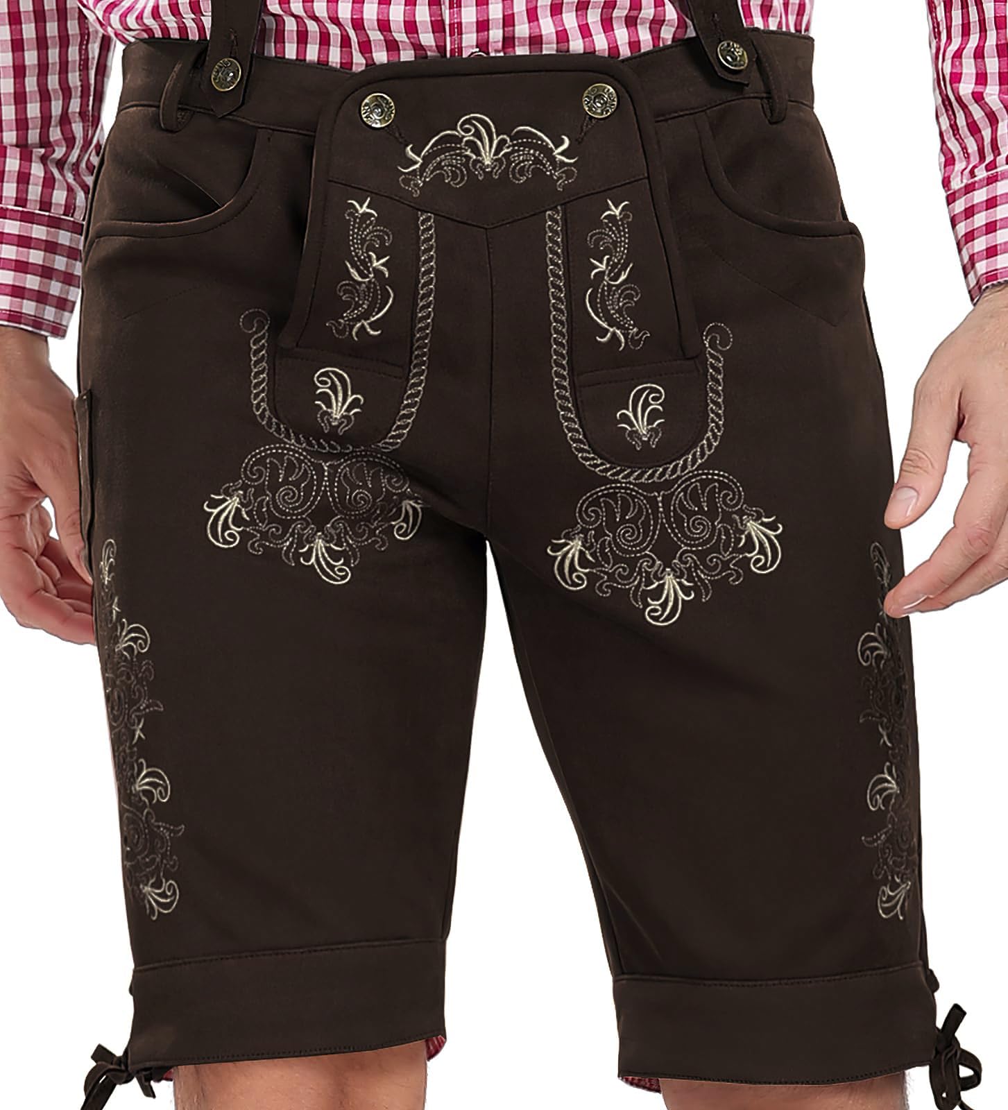 KOSMEEU Lederhose Herren Tracht Kurz Trachtenhose Trachtenlederhosen Lederhose Oktoberfest Mann Braun Dunkelbraun bayrische Trachten Hose Trachtenmode Hosenträger mit Kunst-Wildleder