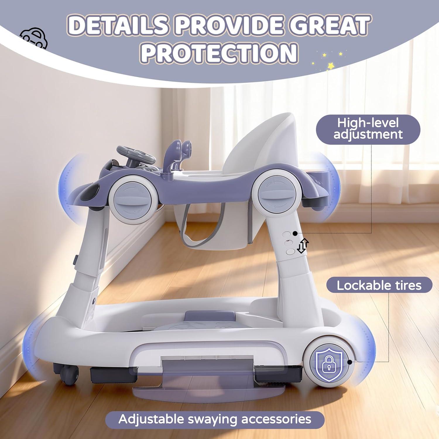 Baby Walker with Wheels, 5-in-1 Foldable Infant Toddler Walker for Boys Girls 6-18 Month, Music Walker for Baby with Car Steering Wheel &Removable Footrest,Baby Push Walker Dark Blue - Image 6