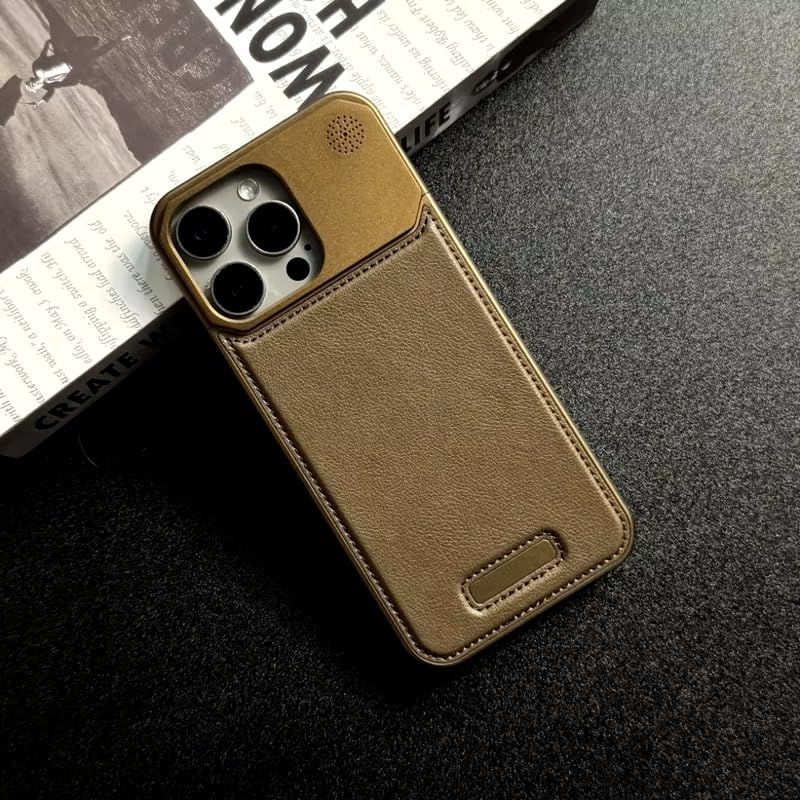 Image of Business Leather Phone Case Compatible with iPhone 16 Pro Case Wireless Charging | Aluminum Alloy Eco-Friendly Cloth Aroma Therapy Phone Case (Gold)