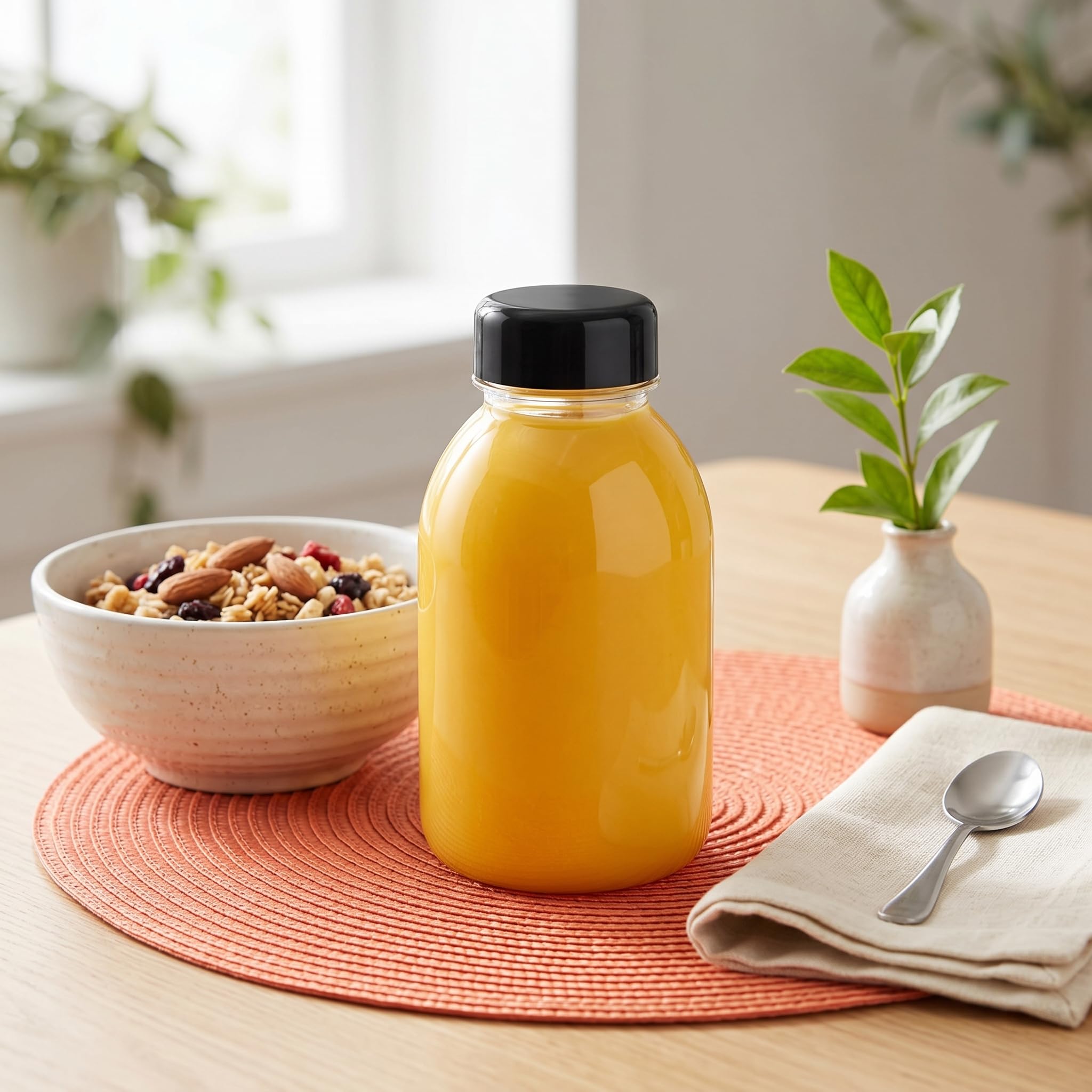Lot de 30 récipients transparents réutilisables de 250 ml pour jus et autres boissons, 6,5 x 11,5 cm, bouteille de jus en plastique 250ml avec couvercles noirs, bouteilles plastiques vides