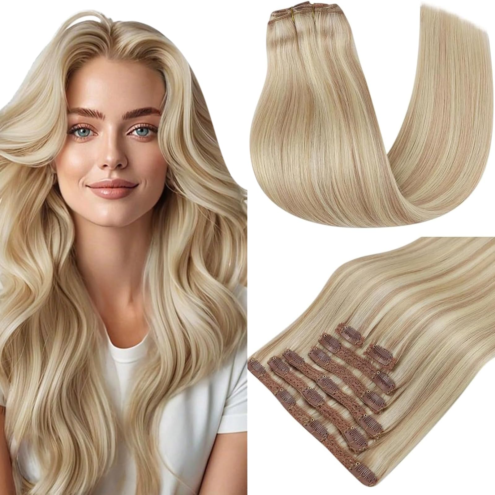 Nahaufnahme der RUNATURE Echthaar Clip-in Extensions in Aschblond mit Platinblond Highlights.