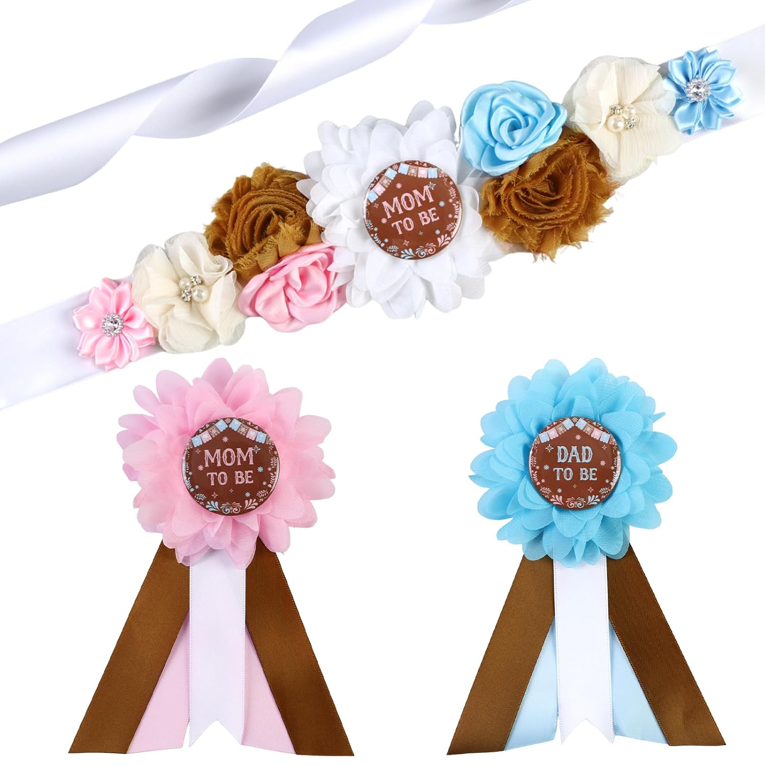 Serencatcher Cielito Lindo Gender Reveal Belt Sash and Pins Set, Mexican Talavera Theme Mom and Dad to Be Accessories Pink Blue Floral Papel Picado Maternity Sash Badges for Fiesta Mexican Baby Shower