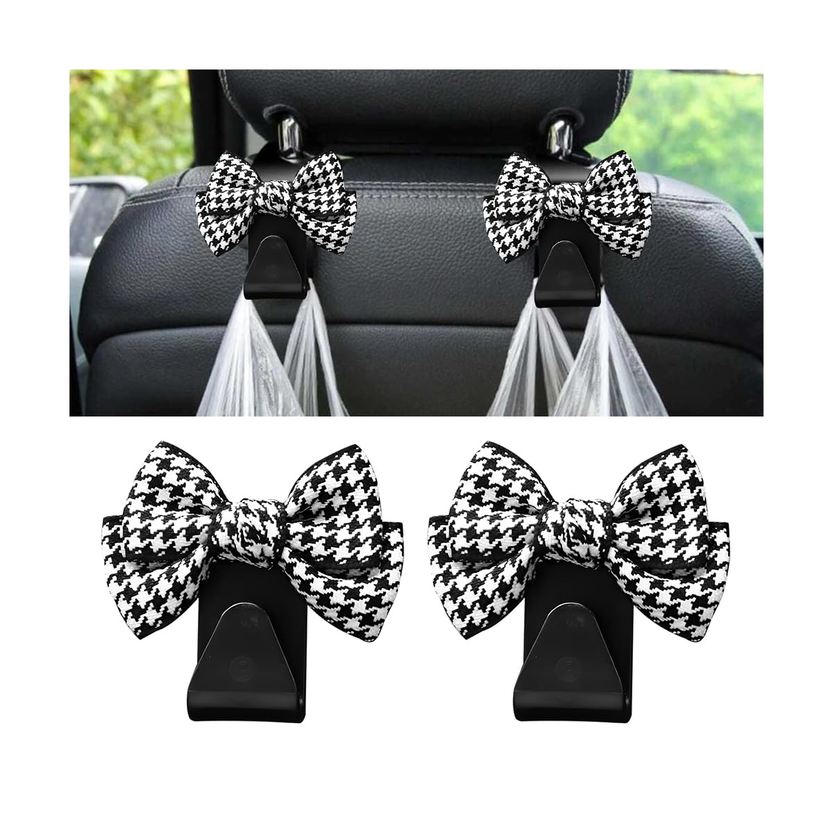 Mandark 2PCS Car Seat Headrest Hooks, Cute Bow Vehicle Hooks for Purses and Bags, Automotive Purse Hook Hanger Interior Decoration Accessories,
