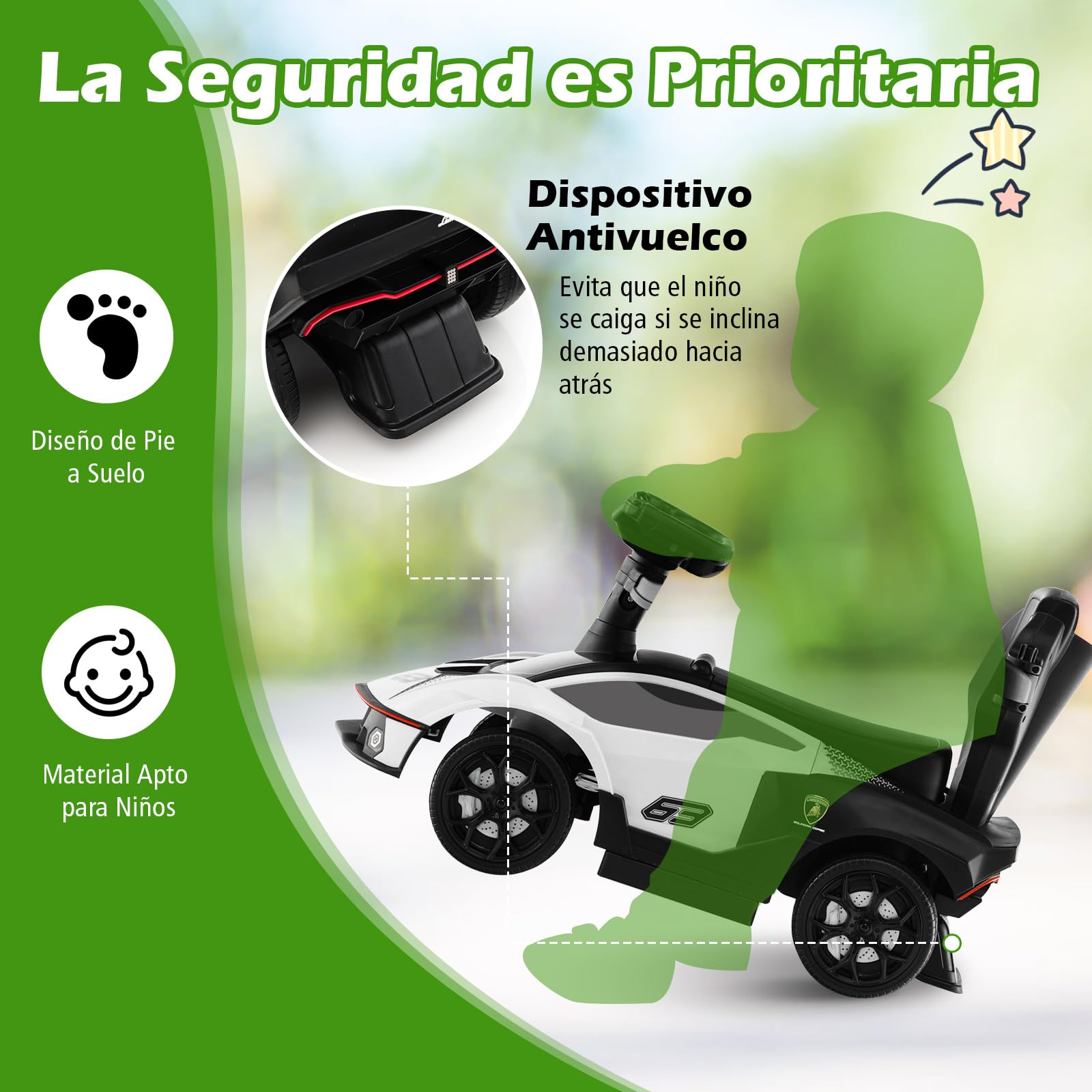 COSTWAY 3 en 1 Correpasillos para Niños Lamborghini, Coche de Empuje con Asa, Volante, Barandilla Desmontable, Caja de Almacenamiento, Función de Bocina, para Niños de 12-36 Meses (Blanco)