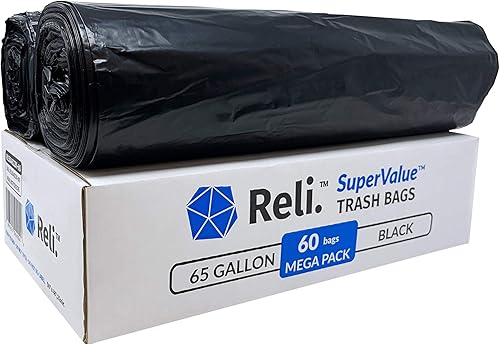 Miniatura 7 de Reli. SuperValue - Bolsas de basura de 65 galones, 60 unidades, fabricadas en Estados Unidos, resistentes, bolsas de basura negras multiusos