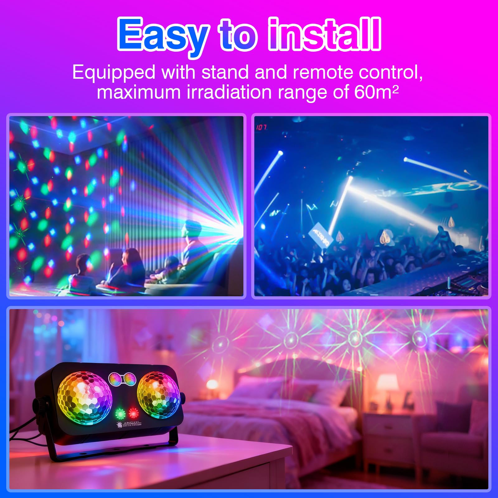Tomshine 6 w 1 Oświetlenie Sceniczne LED – Lampa Imprezowa z Podwójną Kulką Disco, 64 Wzorami HD, UV, Migawką, Timerdem i Pilotem (idealna do urodzin, ślubów i dekoracji)