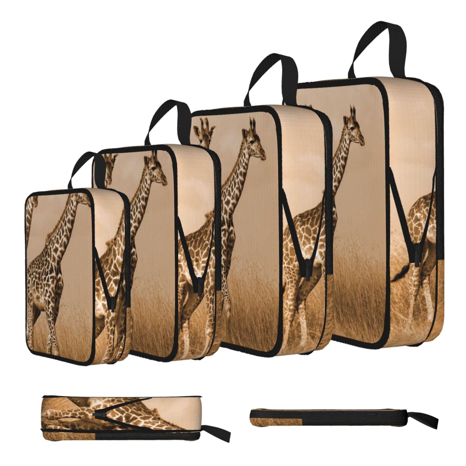 Two Giraffe Running On The Barren Print Compression Packing Cubes 4-Piece Set With Multi- Compartment Travel Bag, Waterproof Suitcase Organiser Bags