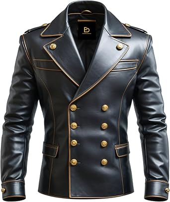 Men Real Leather Double Breasted Blazer Gold Button Military Inspired Black Designer Jacket Formal Fashion