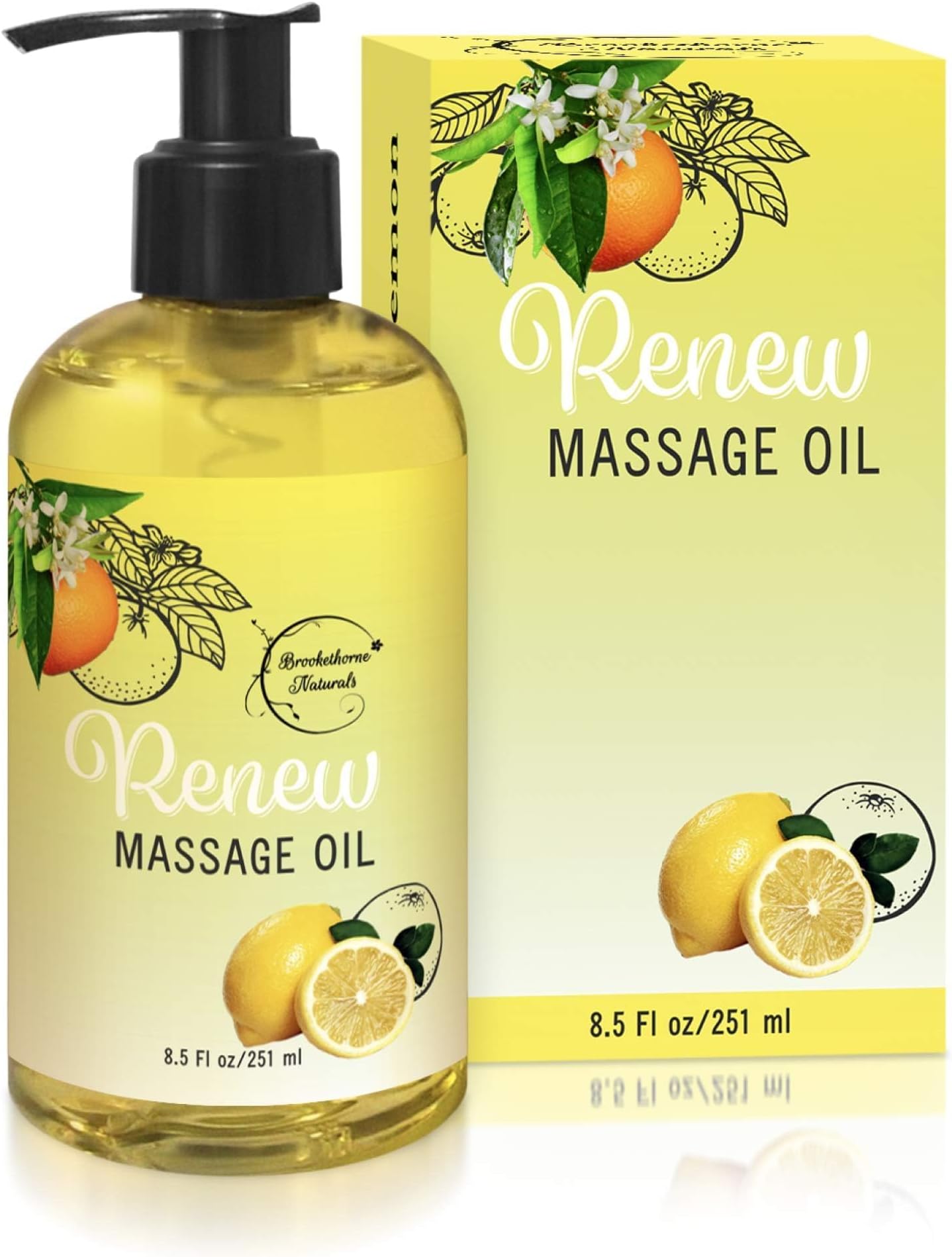 Renew Massage Oil with Orange, Lemon & Peppermint Essential Oils - Great for Massage Therapy or Home use. Ideal for Full Body – with Almond, Grapeseed & Jojoba – by Brookethorne Naturals