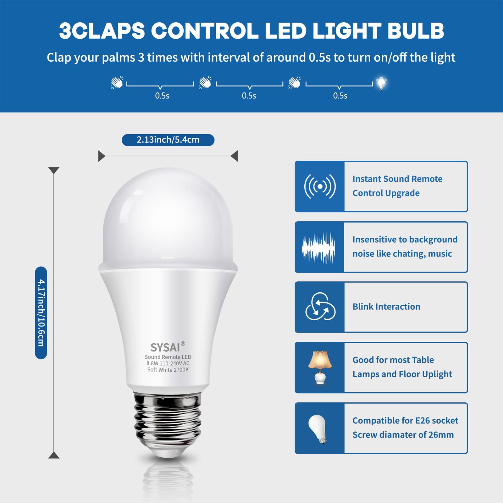 Ampoule de contrôle de la lumière à 3 claps pour lampe de table de chambre à coucher, solution marche/arrêt activée par le son, détection de claquement, maison intelligente, vu à la télévision, blanc