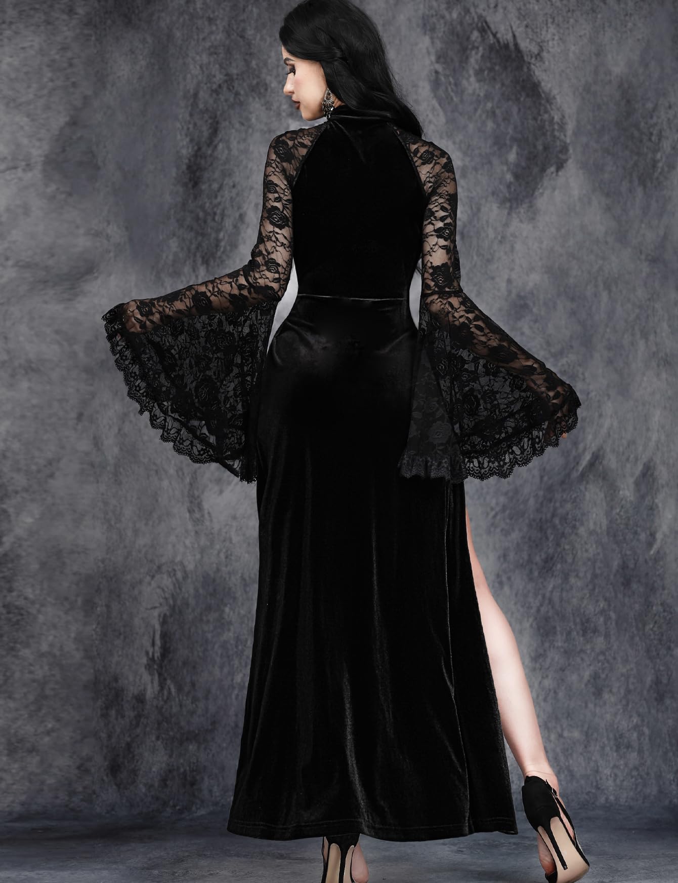 InGoticos Women Gothic Sexy High Slit Cutout Lace Sleeve Patchwork Bridal Goth Dress: Medium
