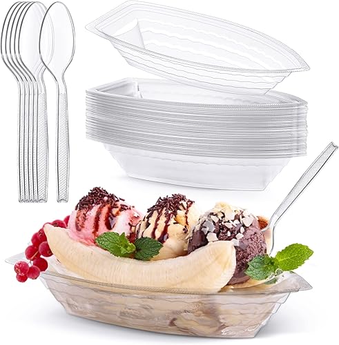 Sieral 32 botes divididos desechables de 8 onzas con cucharas, cuencos de plástico transparente para helados, platos de helado divididos de plátano,