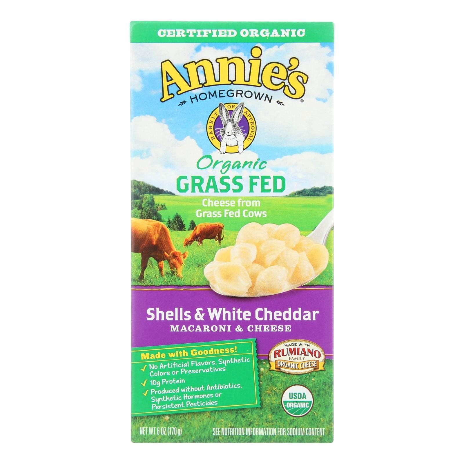Annies Homegrown Organic Grass Fed Shells and White Cheddar Macaroni and Cheese by Annie's Homegrown – 12 Ounce (Pack of 6), Pack of 12, Model 1356200142