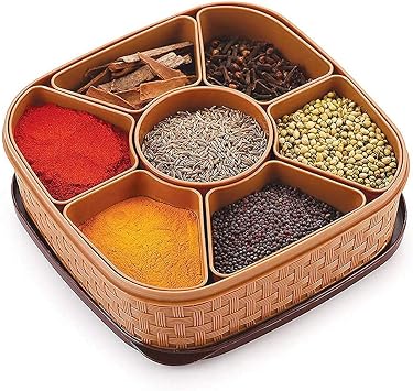 Kitchenwell Plastic Square 7 Sections Multipurpose Masala Rangoli Dabba Box Set, Spice Box Set - Brown Masala Box - 7 in 1