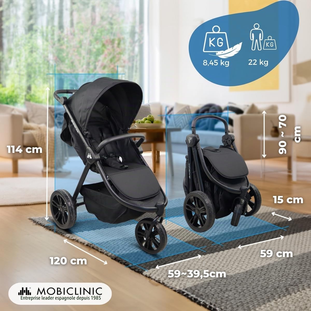 Mobiclinic® kids, Poussette 3 roues, Agnes, Tout-terrain, Guidon monobloc, Harnais 5 points, Poche arrière, Style sportif, Pliage d'une seule main, Panier xxl, Jusqu'à 22 kg