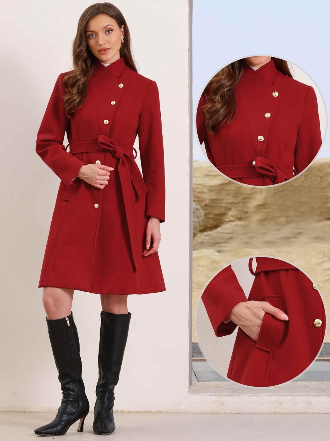 Allegra K Pea Coats for Women Long Winter Stand Collar Belted Single Breasted Trench Coat 2025 - Image 4