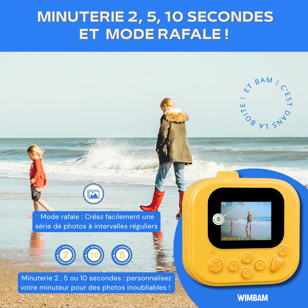 Appareil Photo Instantané Enfant, 1080P HD Appareil Photo Numérique Enfant avec Papier d'impression - Écran 2.0", Mode Selfie et Video, 4 Jeux, Cadeau Jouet pour Filles Garçons 3-12 Ans (Bleu)