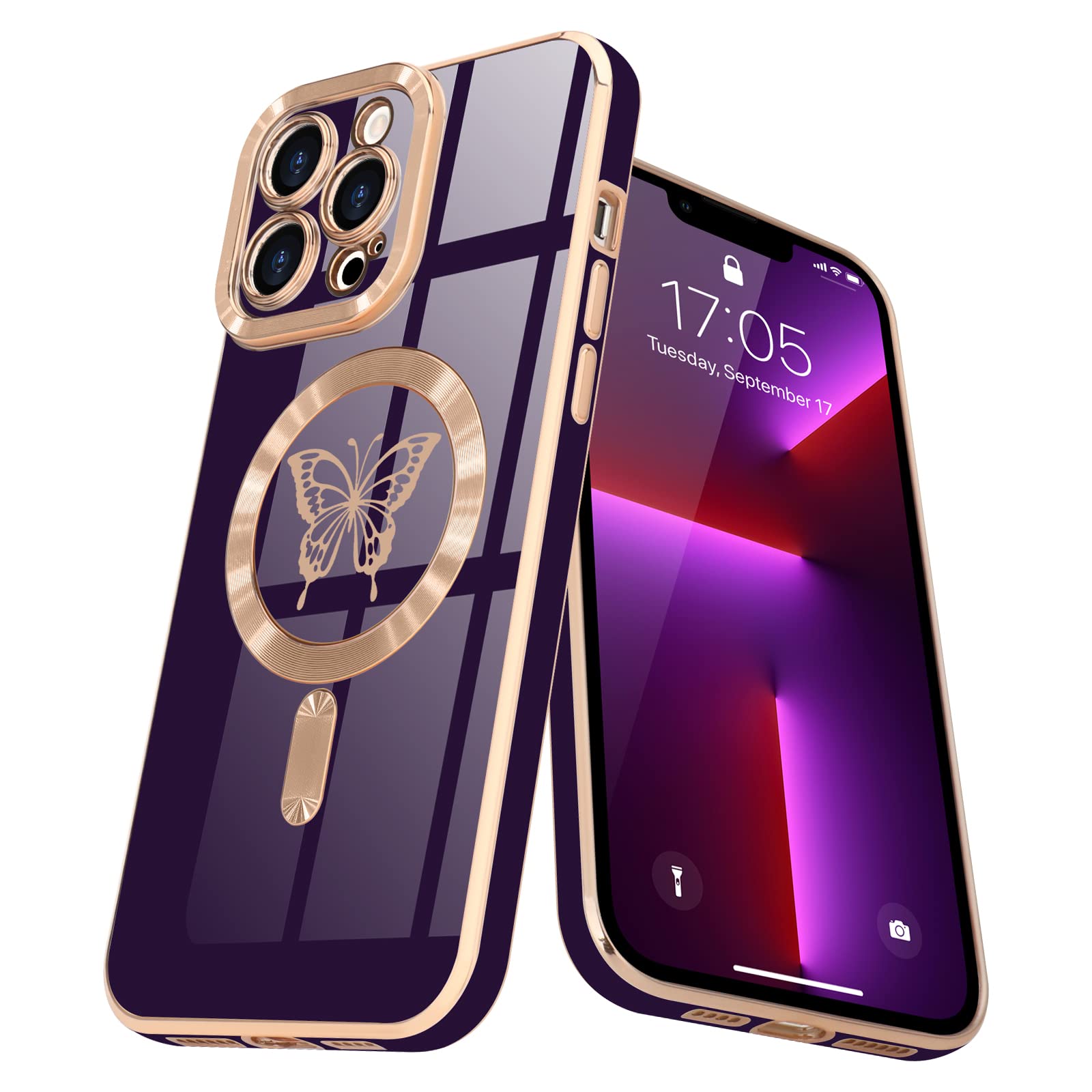 Abbery Coque De Protection Pour IPhone 13 Pro Max - Transparente - Paillettes - Papillon Avec Bande - Motif Chaîne Fine - Pour Femmes Et Filles