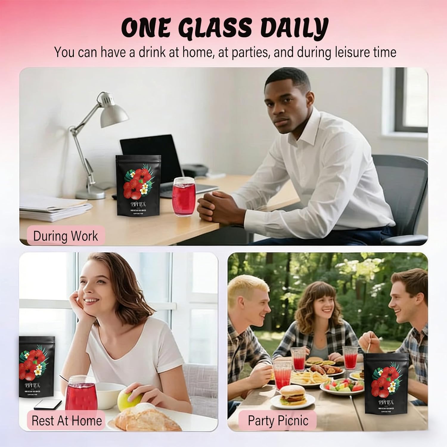 Pipi Hibiscus Tea,Pipi Tea Hibiscus Tea Bags Organic,100% Natural Organic Hibiscus Tea Bags,Natural Sweet & Sour Flavor,Caffeine-Free,30 Bags (3PCS)