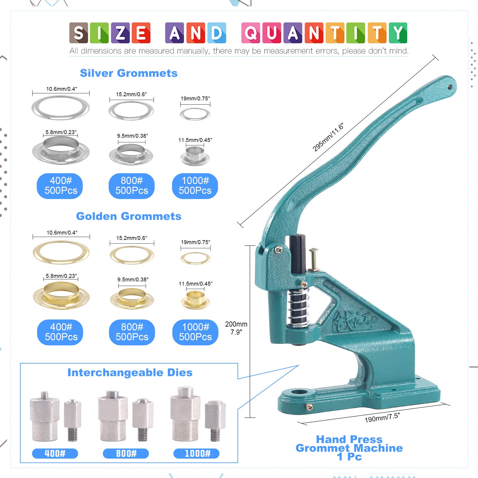 Glarks Heavy Duty Hand Press Grommet Eyelet Machine Hole Punch Tool Kit
