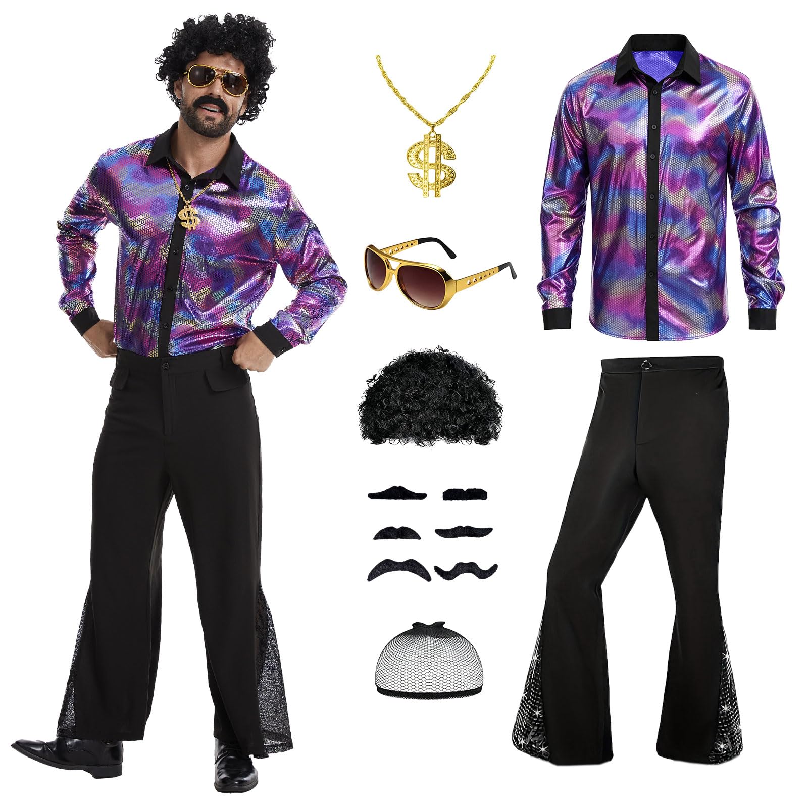 YORDET 70s Disco Costume Men 80s Hippie Outfit Sequin Shirt Flared Trousers