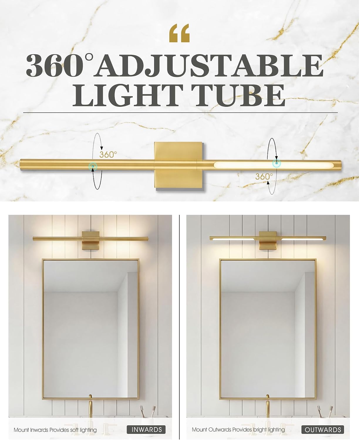 30 Inch Bathroom Light Fixtures, 16W 3CCT Dimmable CRI90 Brushed Gold LED Vanity Lighting Fixtures Over Mirror, 360° Rotatable Modern Bathroom Vanity Light Bar, AD-W9465-L75-GD