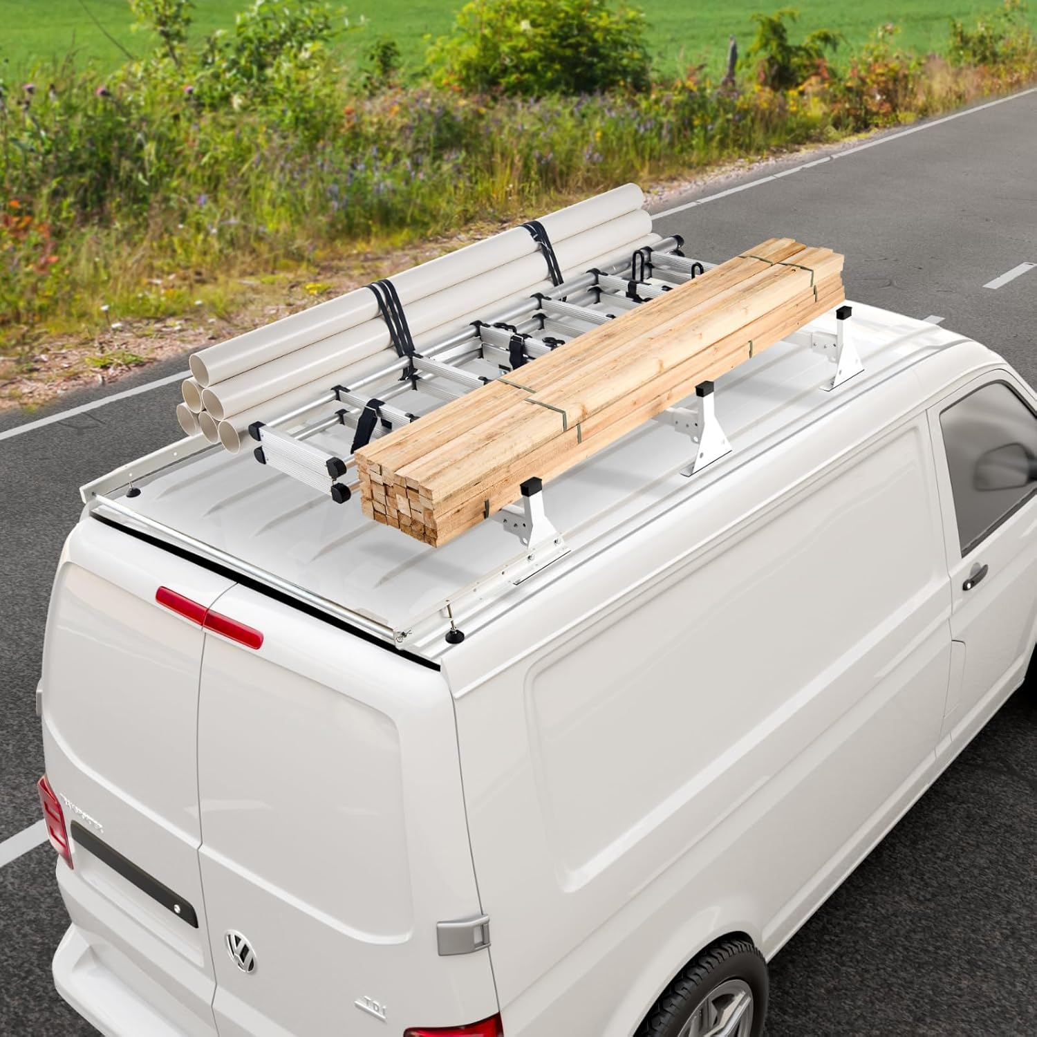VEVOR Van Roof Ladder Racks 54", 800 lbs Capacity Heavy-Duty Steel Roof Racks for Van, Drilling Racks Fit with Cargo Roller and Straps, for Ford Transit 150, 250, 350, 2015-2022, 3 Bars