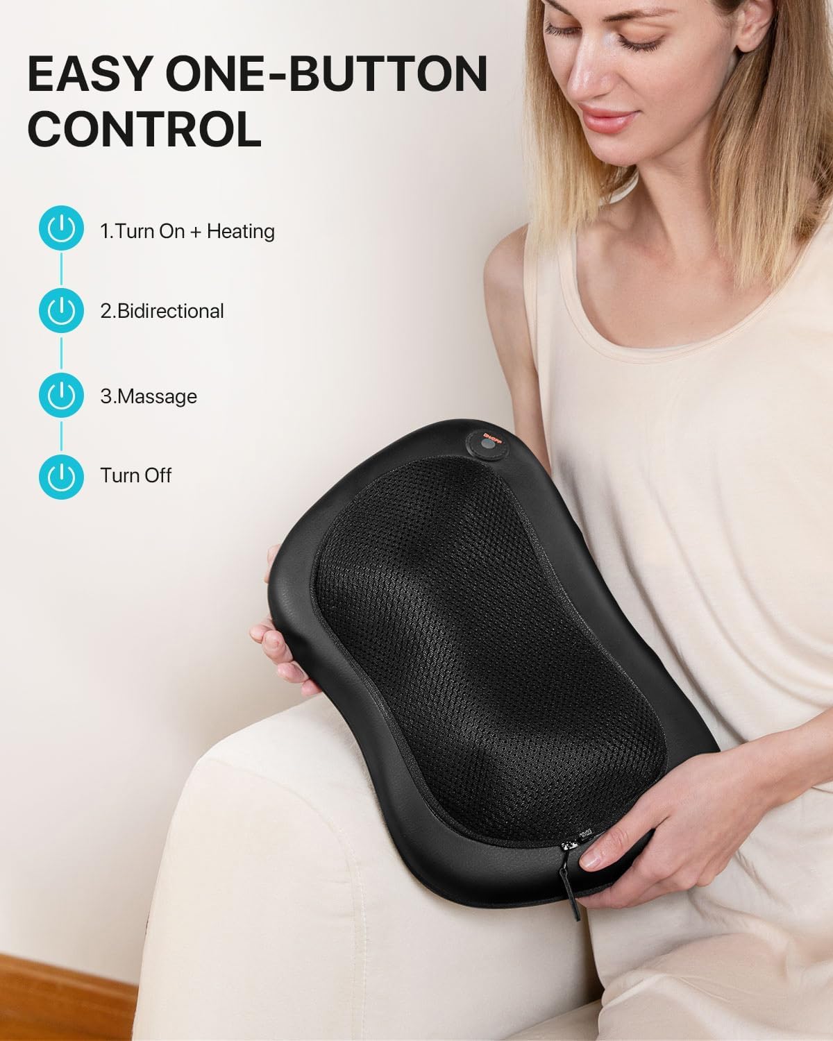 An infographic showing the ALLJOY Shiatsu Massage Cushion DR2 being used on various body parts: neck, arm, abdomen, back, waist, and legs.