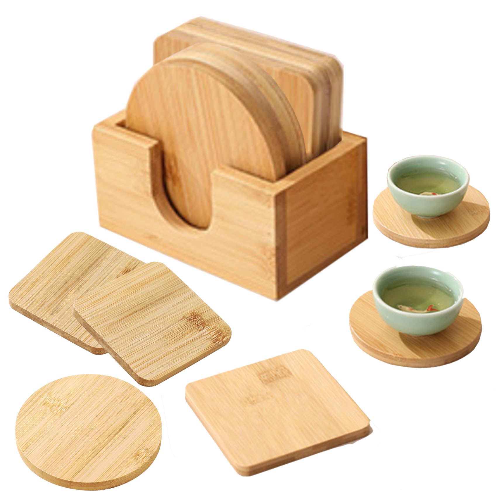 GCFTIFF Natural Bamboo Coasters Set of 6 with Holder,Drink Cup Coasters Set for Tabletop Protection for Any Table Type, Suitable for Farmhouse, Office, Bar,Housewarming Gift(3 Round & 3 quadrate)