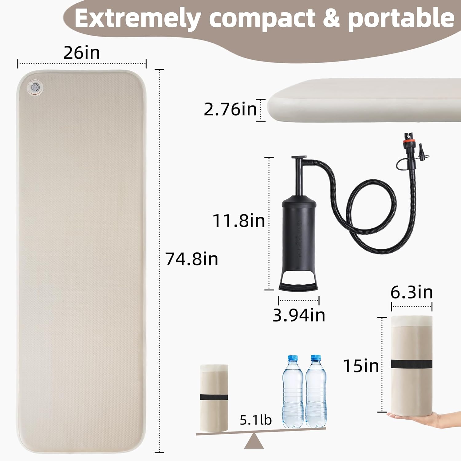Camping Sleeping Pad, Drop Stitch Camping Mattress with Air Pump, High Support Inflatable Sleeping Pads for Camping Hiking Backpacking Traveling Tent, Single