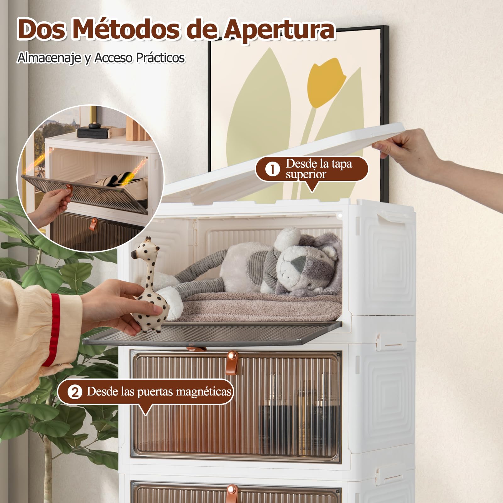 GOPLUS Caja de Zapatos Plegable, Organizador Zapatos Transparente Apilable con Tapa, Puerta Magnética y Ruedas, Zapatero Plástico Modular, para Entrada, Recibidor, Dormitorio (6 Niveles)