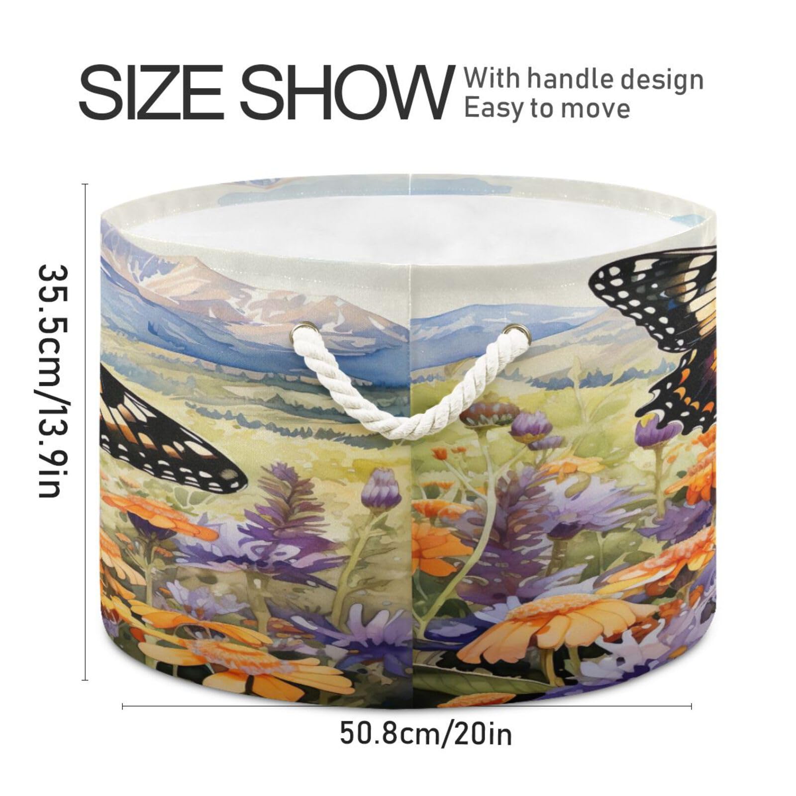 Round Orange and Black Butterfly Flower Storage Basket Large Organizer Bin Laundry Hamper Toy Storage Basket with Handle for Nursery Clothes Toys 202b4424