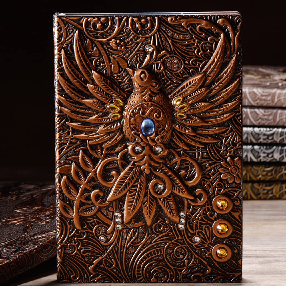Leather Journal Embossed Notebook DND Antique Notebook, Unique 200 Page Office Notebook, A5 Travel Journal Vintage Writing Daily Notebook GiftS for Men and Women (Bird)