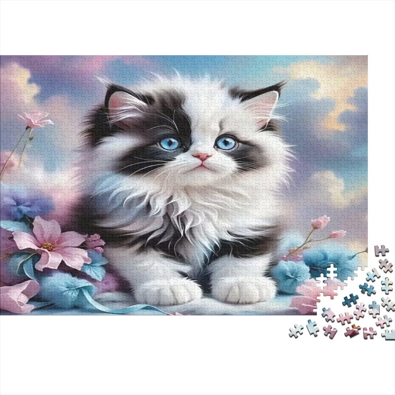 Cute Long Haired Kitten 1000 Piece Jigsaw Puzzle Paper Puzzle Game for Adults Dreamy Floral Scene Relaxation Family Time Home Decor Gift 70x50cm/1000pcs