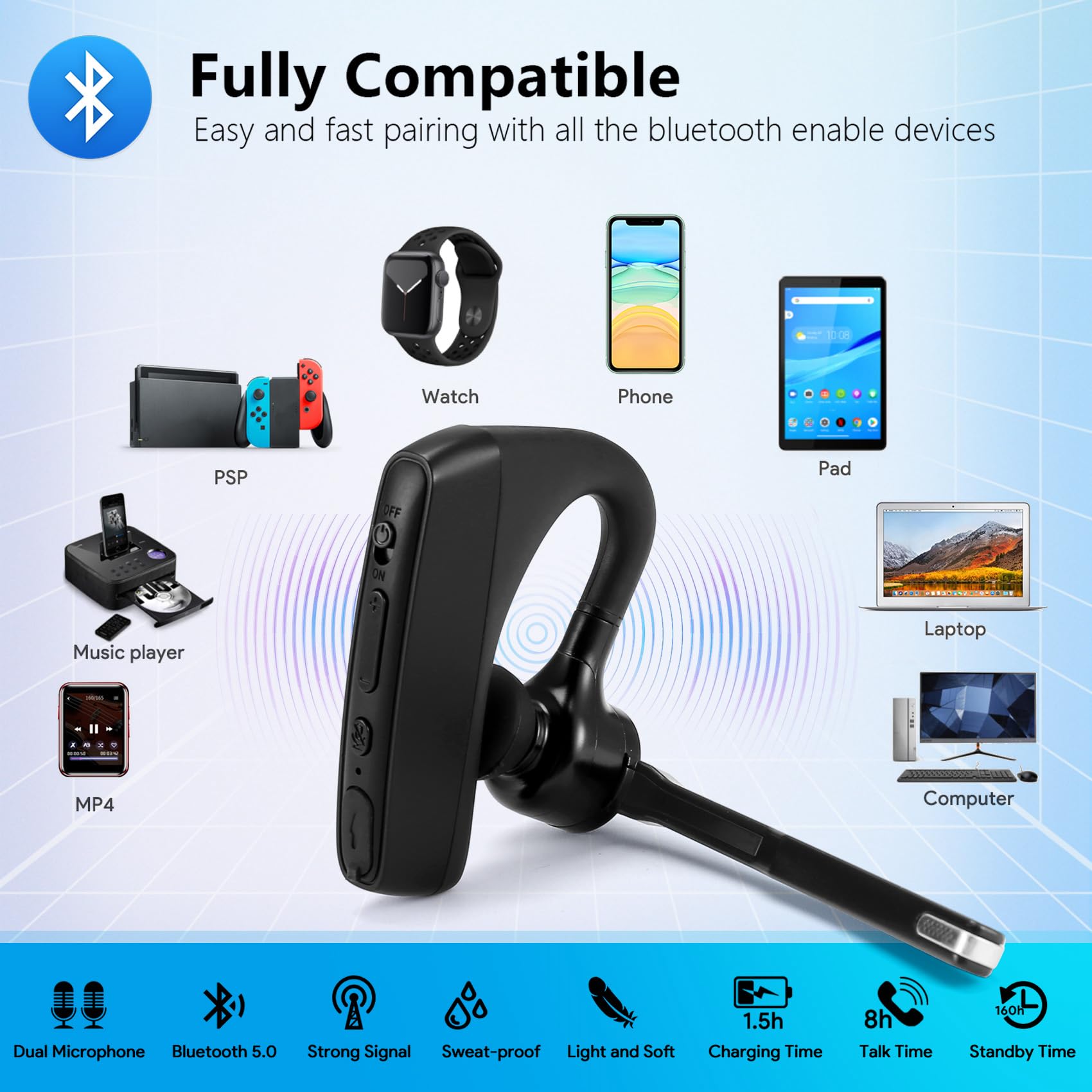 Walkie Talkie Auricular Bluetooth con Adaptador de Enchufe M Control Remoto Inalámbrico PTT para Restaurante Hotel