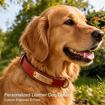 Leather Dog Collar Personalised and Leash Set, Personalized with Soft Padded Design Heavy Duty Featuring Custom Engraved Name Plate for Small Medium and Large Dogs
