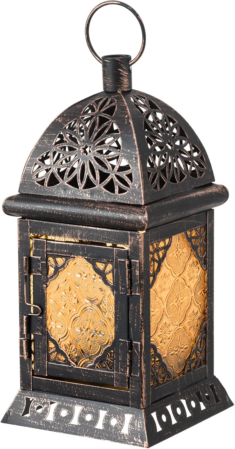 DECORKEY Vintage Large Size Decorative Ramadan Candle Lantern, Moroccan Style Hanging Lantern, Metal Tabletop Lantern Decor, Christmas Candle Holders for Outdoor Patio (Amber) : Home & Kitchen