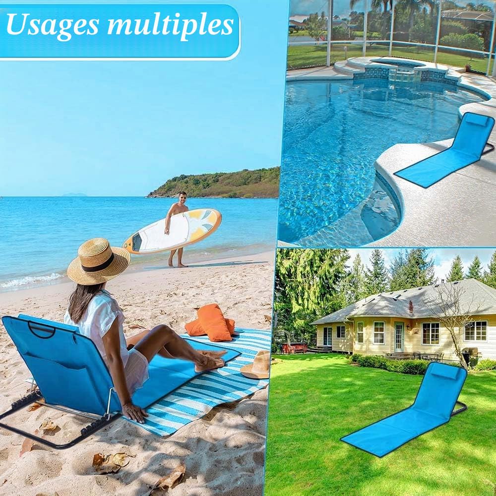 Transat de Plage 2 Pièces,Matelas de Plage Pliable,Chaise de Plage Pliable,et Réglable,Tissu Oxford 600D imperméable,Sac de Rangement Inclus, pour la Plage, Le Parc, Le Camping(Bleu Clair)