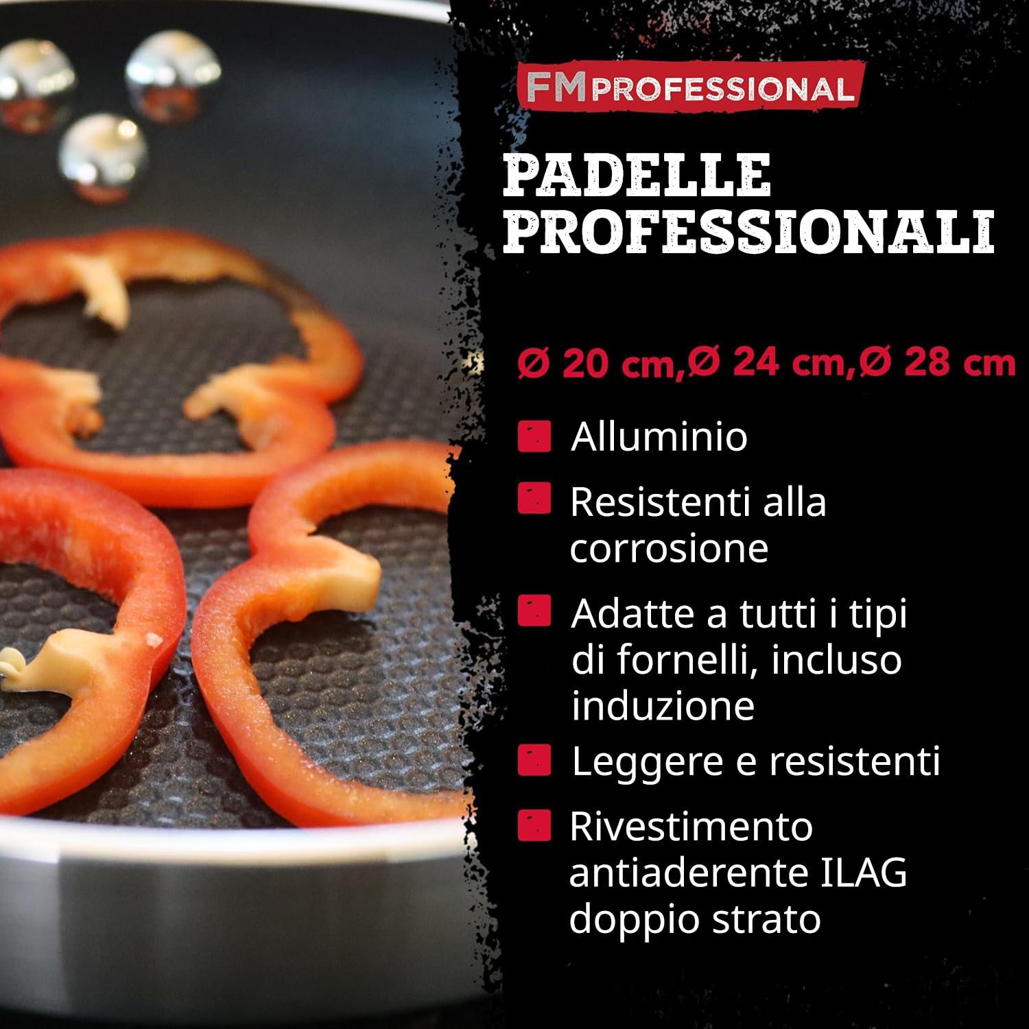 FMprofessional Set di 3 padelle professionali 20/24/28 cm, in alluminio leggero e resistente, adatte per induzione e tutti i tipi di cucine, antiaderente doppio strato, struttura a nido d'ape