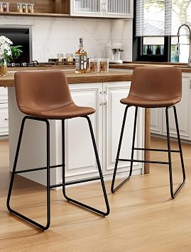 REONEY Bar Stools Set of 2, Faux Leather Counter Height Stools, 26" Modern Barstools with Metal Legs and Footrest, Urban Armless Counter Chairs with Back for Kitchen Island Dark Brown