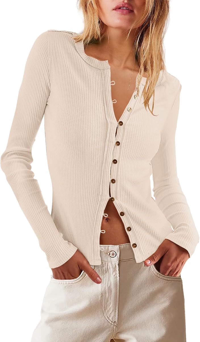 Womens Button Down Shirt Ribbed Long Sleeve Tops Fitted Shirt | Long Sleeve Blouses, Stretchy, Slim Fit, Casual Shirts, V Neck, Going Out Tops, Lightweight Cardigans