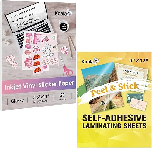Koala - Papel adhesivo de vinilo para impresoras de inyección de tinta, brillante de 8.5 x 11 pulgadas, 20 hojas y hojas de laminación autoadhesivas