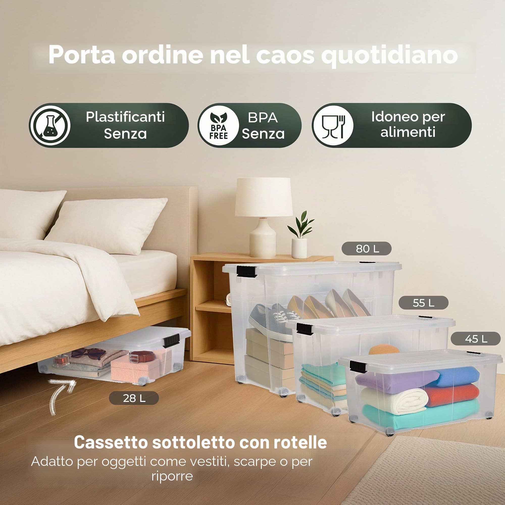 Novaliv Scatola portaoggetti XXL con coperchio, grande, 80 l, trasparente, impilabile, in plastica, con chiusura a clip, senza BPA, 61 x 40 x 45 cm