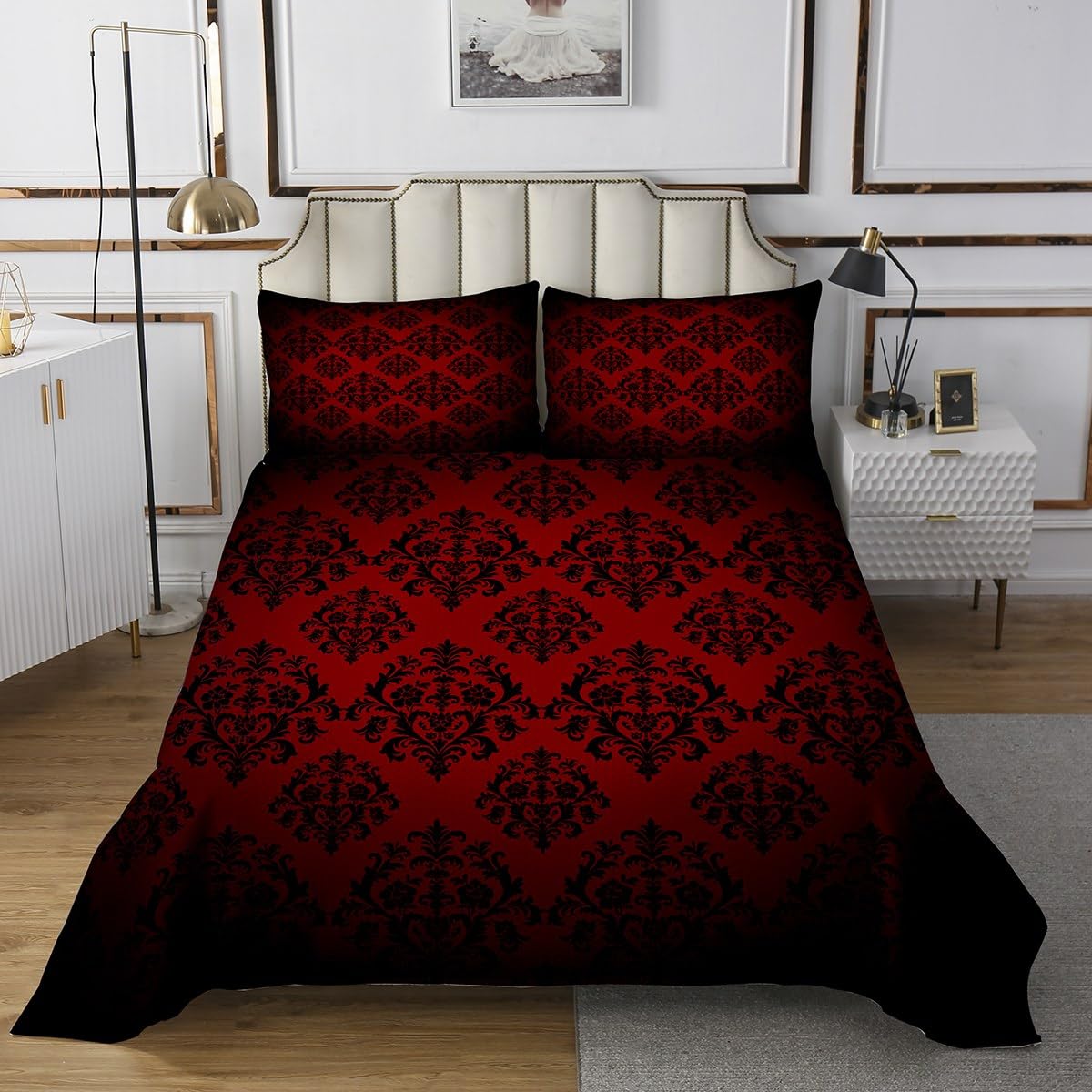 Amazon.com: Red Black Damask Quilt Bedding Set Queen,Vintage