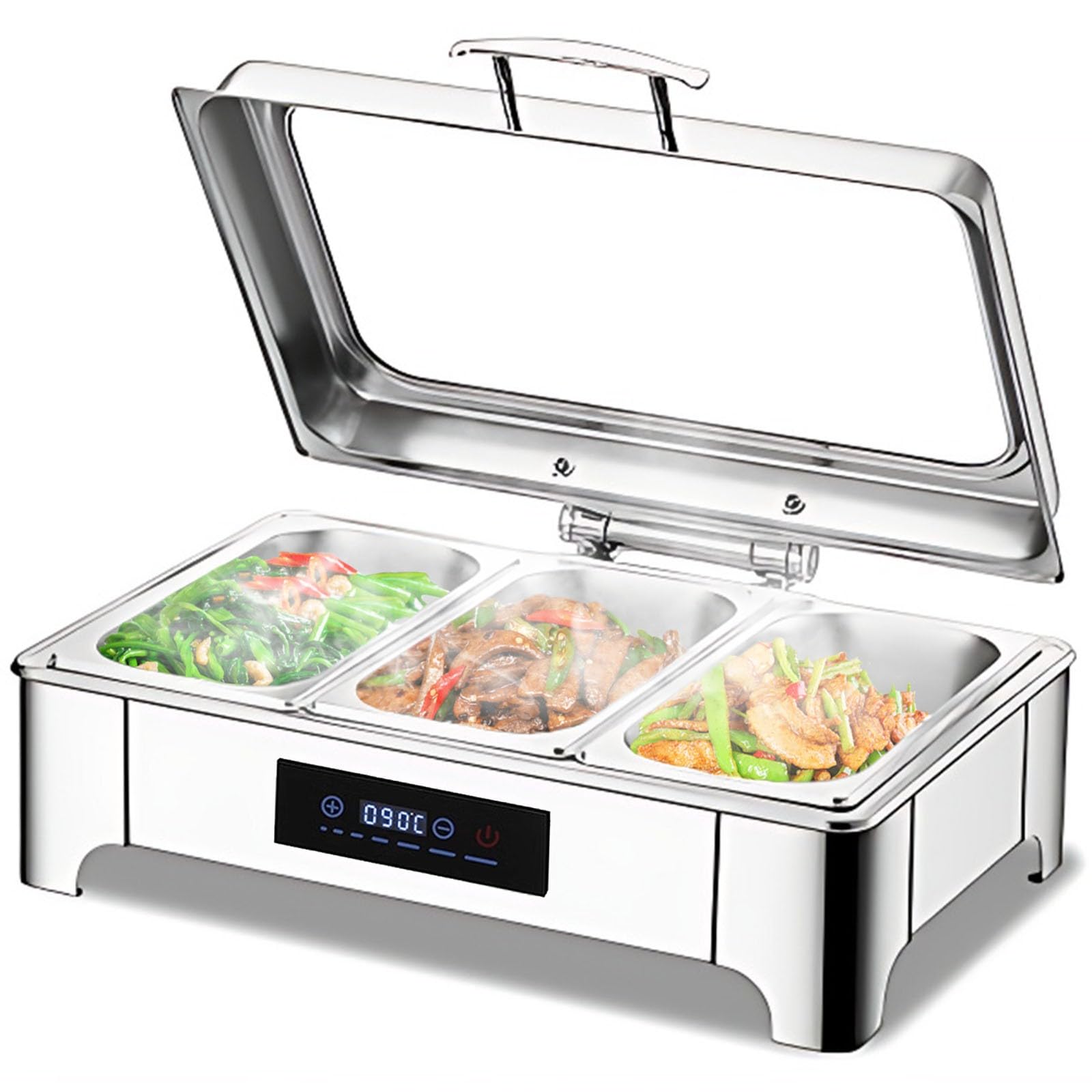 9L Chafing Dish Elettrico Acciaio Inox, Scaldavivande Elettrico Professionale con Regolazione Intelligente della Temperatura, Chafing Dish Buffet con Coperchio Visibile(B, 1/3 PAN)