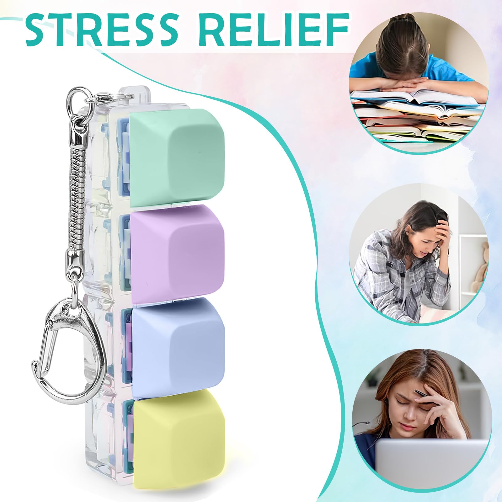 CoolShef Keyboard Fidget Toys Keychain - Stress Relief Fidget Clicker with Keyboard Key Sounds, Portable Fidget Toy for Focus & Anxiety Relief, Includes 4 Extra Replaceable Keycaps 2